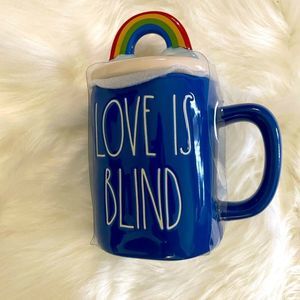 Rae Dunn LOVE IS BLIND Mug and Rainbow Topper Blue Pride Rainbow Cup Coffee New